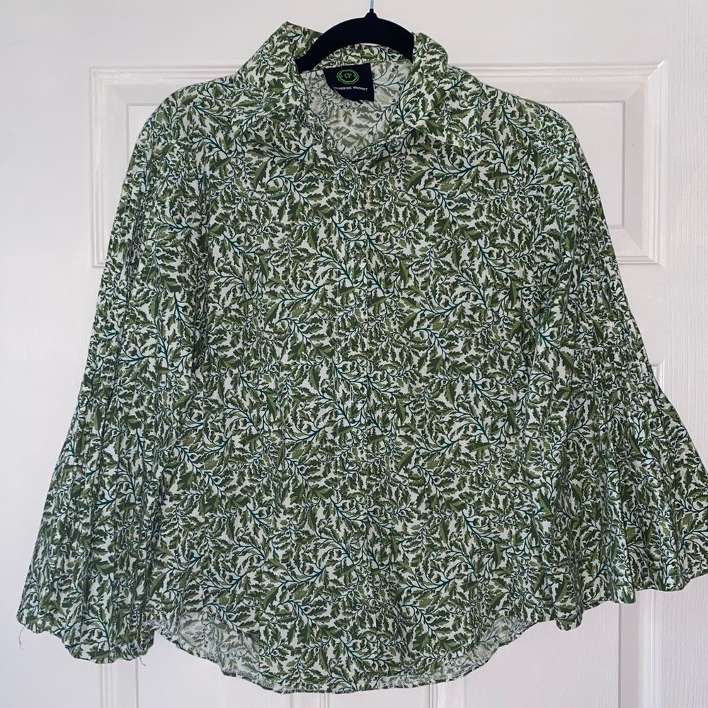 Catherine Prevost Green Floral Cotton Blouse Cottagecore Button Front Size Small